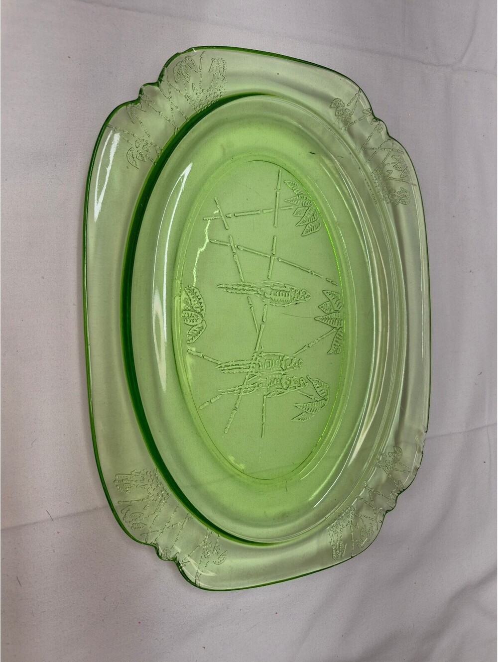 Vintage Federal Glass Green Depression Platter with Floral and Bird Etching, J16